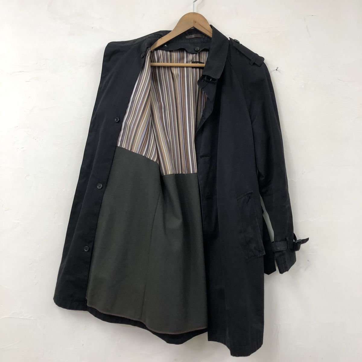 N83-T◆Paul smith ポールスミス トレンチコート ロングコート ステッチ 腰ベルト 無地◆sizeL ブラック メンズ トップス コットン100 秋冬_画像7