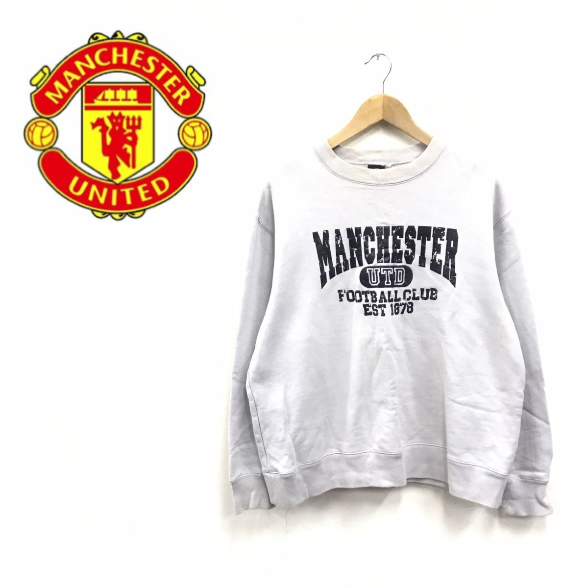 N867-F◆ Manchester united マンチェスターユナイテッド トレーナー スウェットシャツ ◆ コットン100 ホワイト系 ロゴプリント 古着 秋冬_画像1