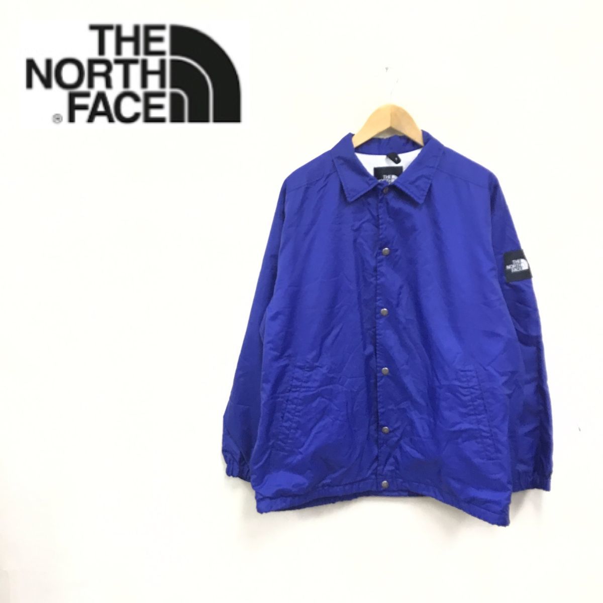 N850-F◆ THE NORTH FACE ザノースフェイス コーチジャケット 総裏 大きめ ◆ ナイロン100 ブルー ロゴパッチ 古着 メンズ 秋冬_画像1