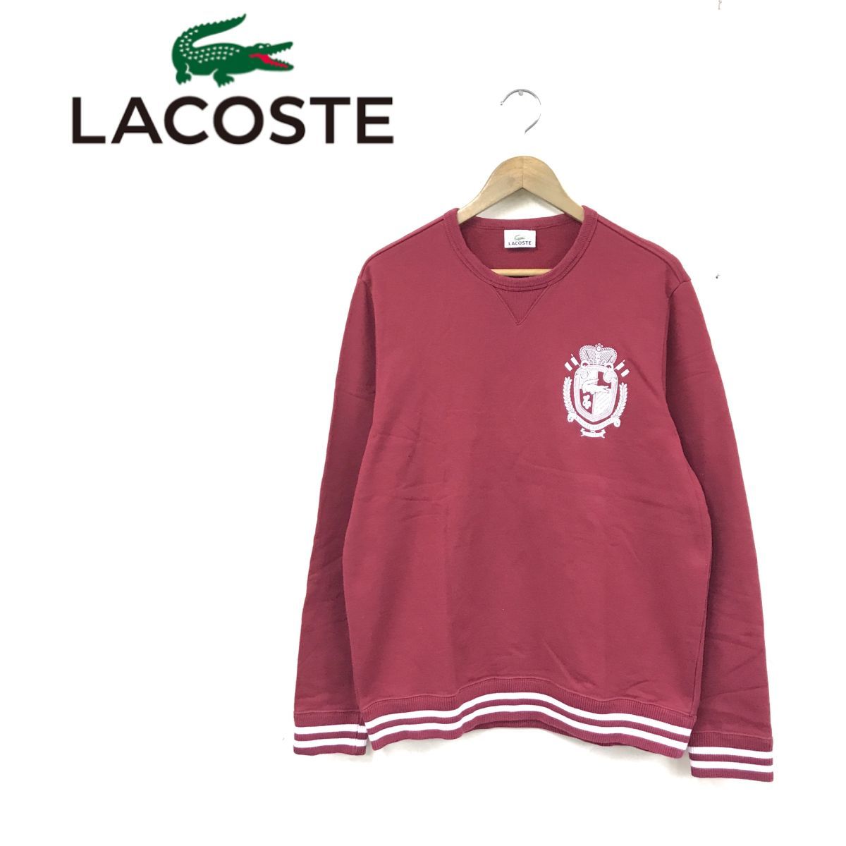 N1048-M◆LACOSTE ラコステ スウェット トレーナー ◆size５ コットン 赤 レッド プリント メンズ 古着 ライン入り 丸首_画像1