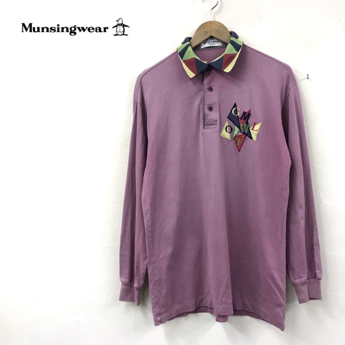 N1474-N◆old◆ MUNSINGWEAR マンシングウェア 長袖ポロシャツ 襟総柄 ゴルフ ◆ sizeL パープル 薄紫 コットン100 メンズ_画像1