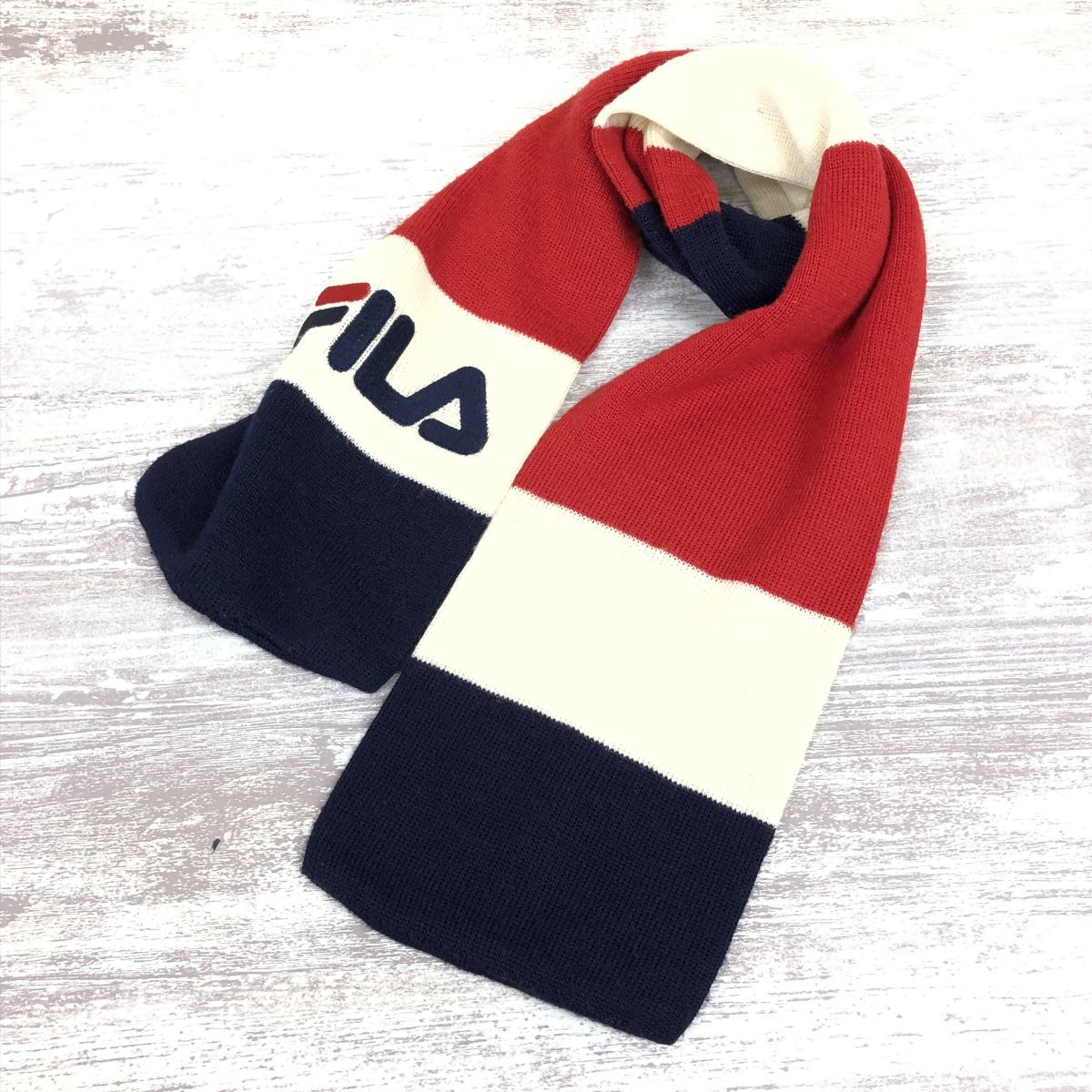 N1252-J-N◆日本製 FILA フィラ ウール混マフラー◆ストール 毛30% トリコロールカラー スポーツ 秋冬アイテム 暖かい メンレディース_画像5