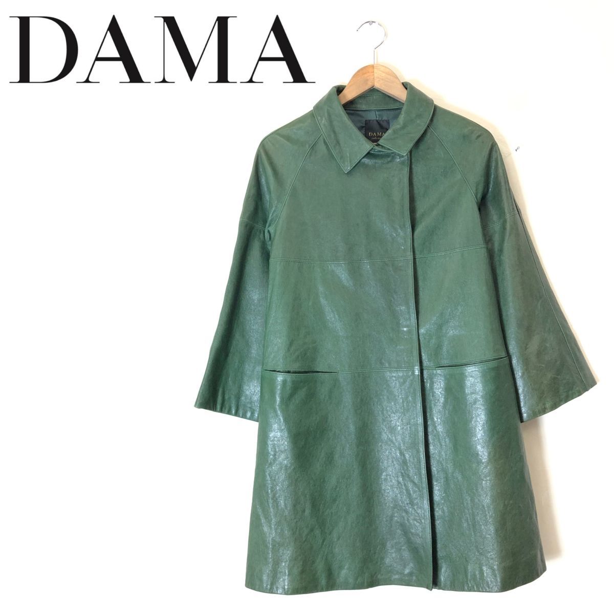 N2218-F-N◆ DAMA ダーマ レザーコート ジャケット ステンカラー 総裏 ◆ size9AR 羊革 ラム グリーン 古着 レディース 秋冬_画像1