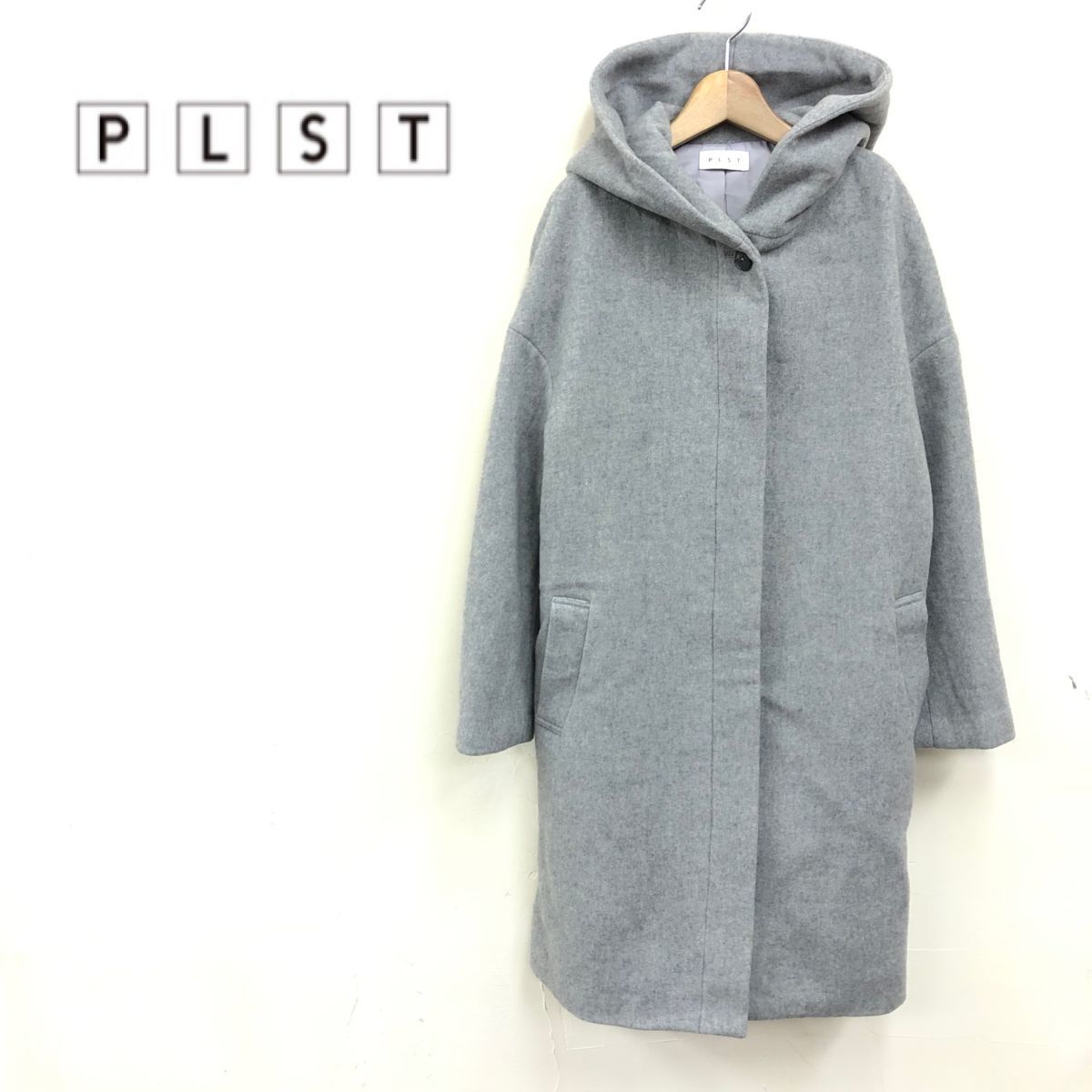 N2183-J-N◆PLST プラステ ウール混フーディコート◆グレー サイズS ウール80% 秋冬 アウター 暖かい レディース 古着 ロングコート_画像1