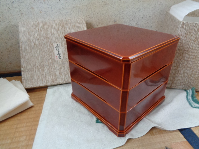 希少 黒入荷! 漆芸 木工芸 飛騨春慶 三段重/伝統工芸 飛騨春慶塗 3段