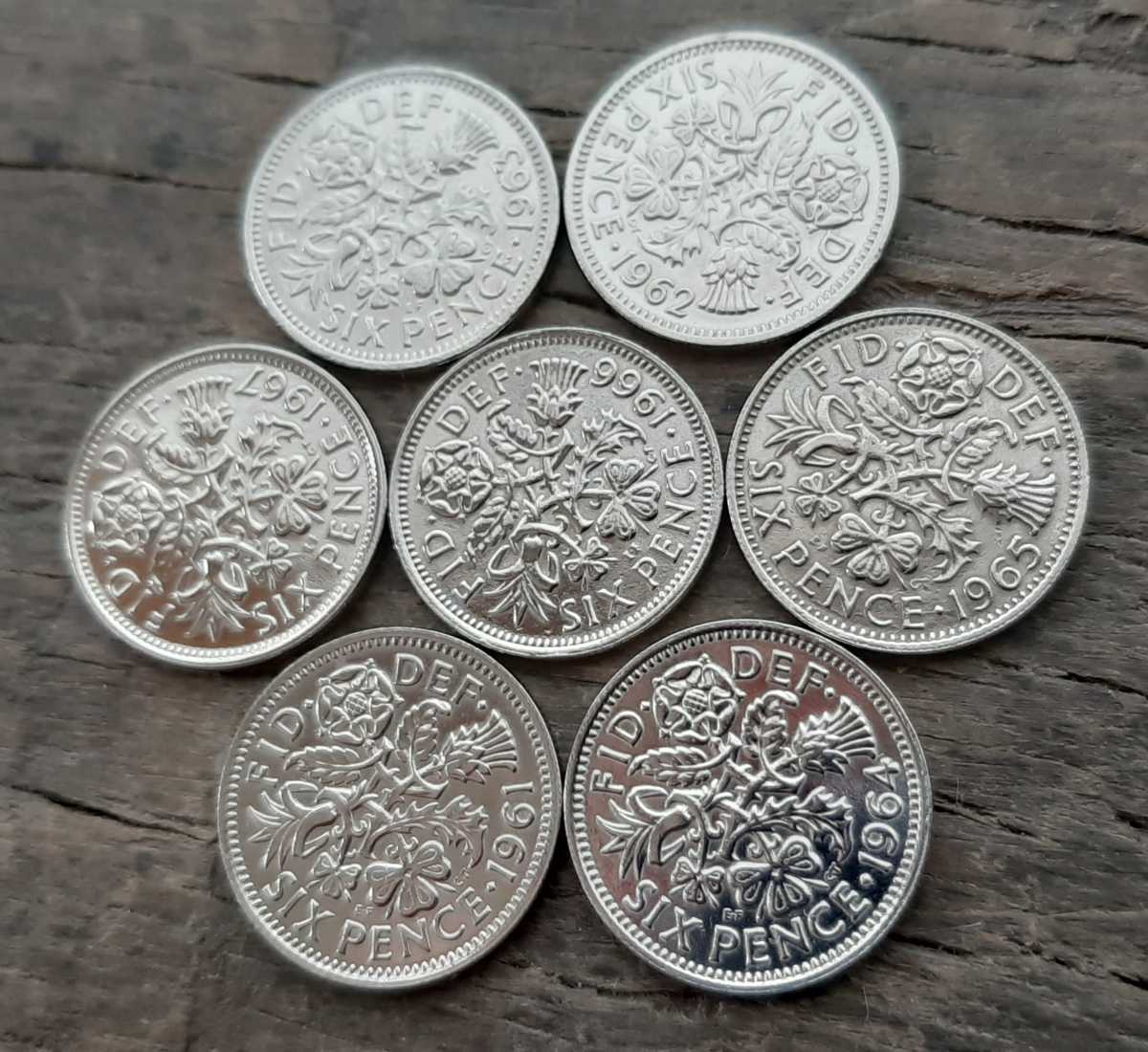 幸せのシックスペンス イギリス 7枚セットラッキー6ペンス 本物古銭英国コイン 1961~1967 美品です19.5mm_画像3