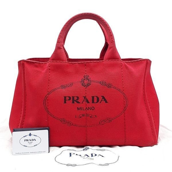 プラダ PRADA トートバッグ ハンドバッグ 鞄 カナパ キャンバス 三角プレート 保存袋 赤 レッド系 レディース 03-23102610-Z