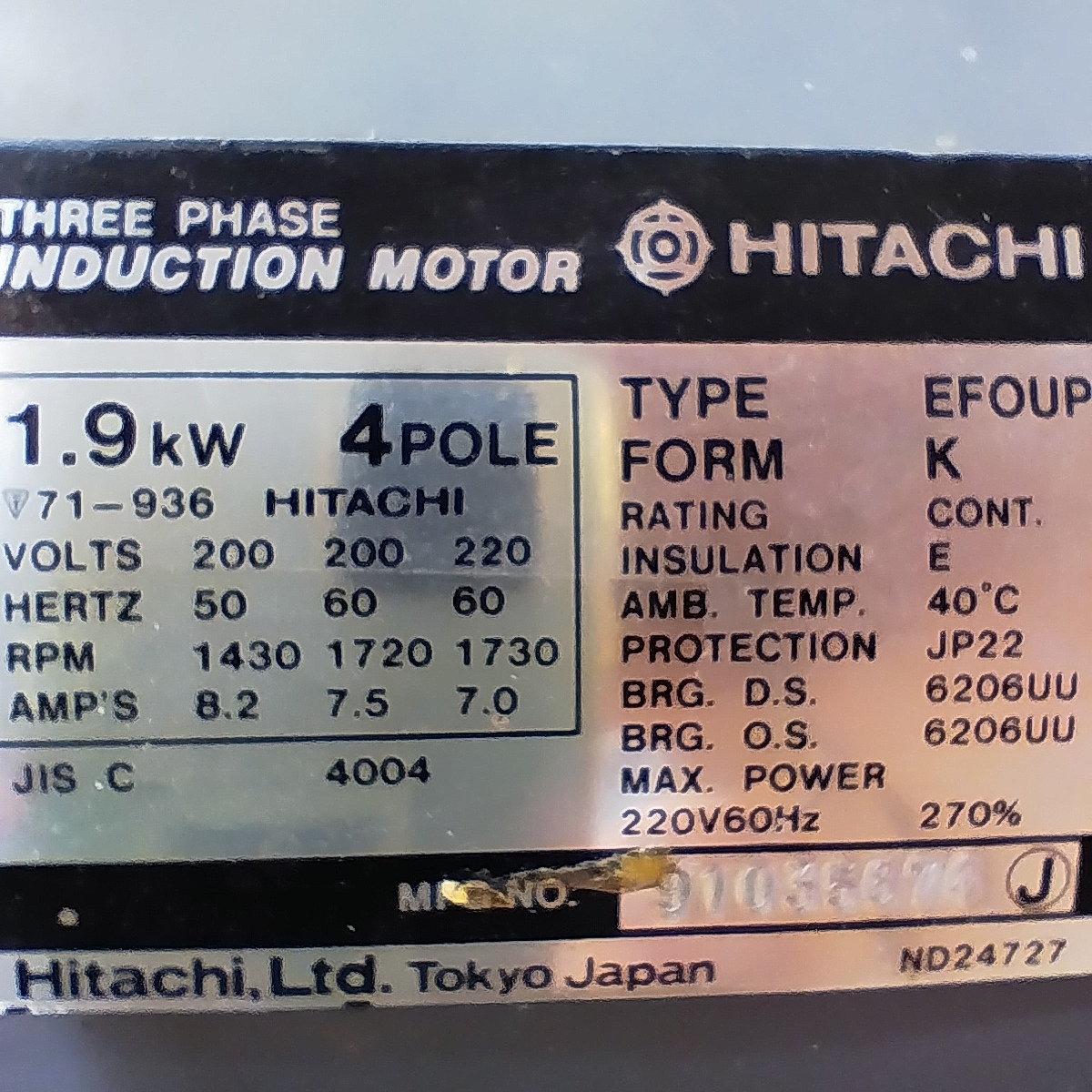 ★整備済み★日立 HITACHI★モーター 1.9kw×4P EFOUP K/三相200V220Vモートル（157）_画像2