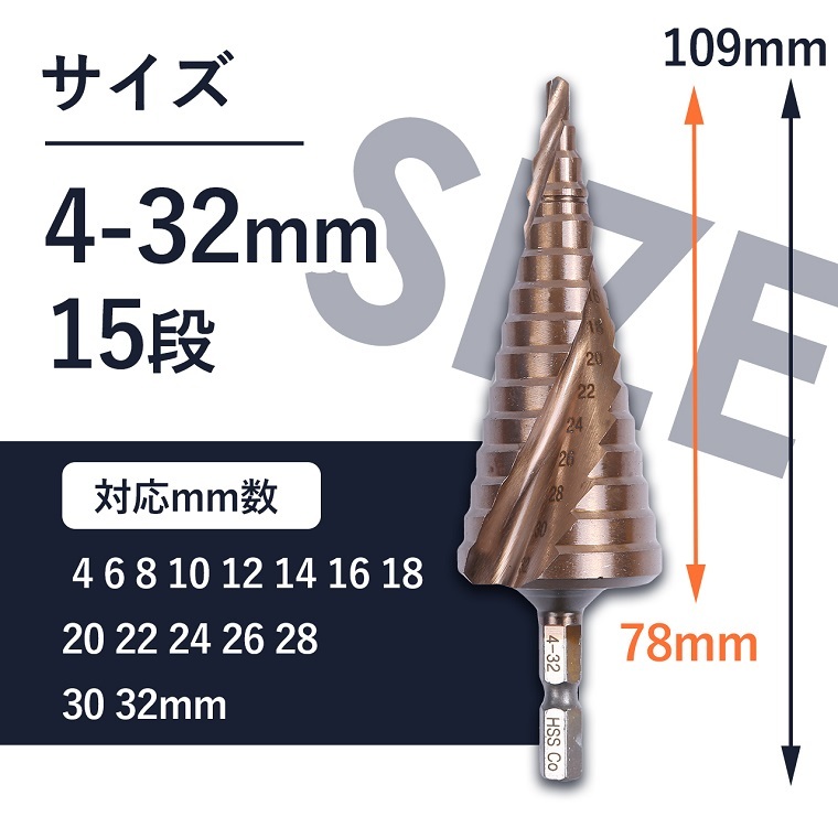 切削油付 ステップドリル ステンレス対応 ドリルビット 4-32mm 15段 六角軸 スパイラルドリル 穴あけ たけのこドリル_画像5