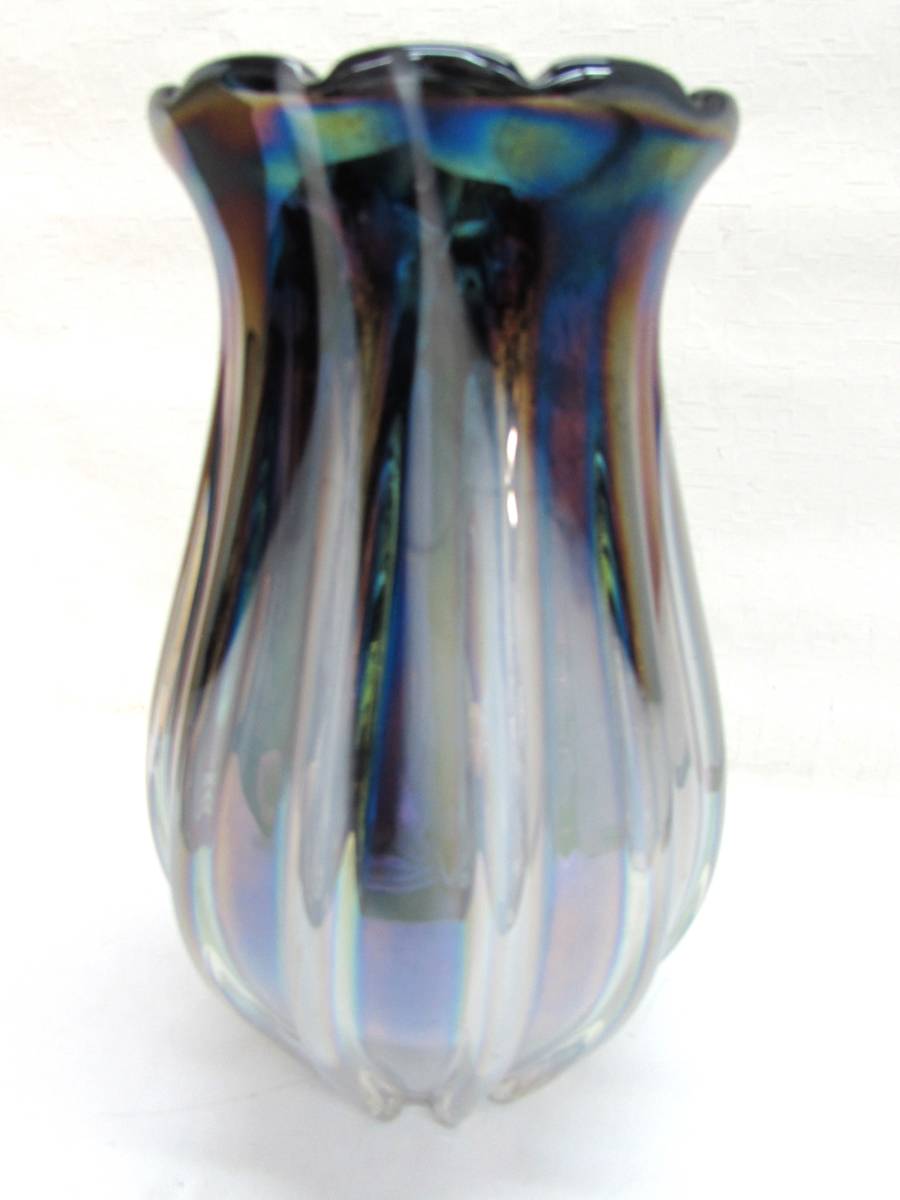 レトロ KURATA CRAFT GLASS クラタガラス 花瓶 30cm 花器 フラワーベース オーロラ 虹色 ヴィンテージ 手渡し歓迎 札幌_画像4
