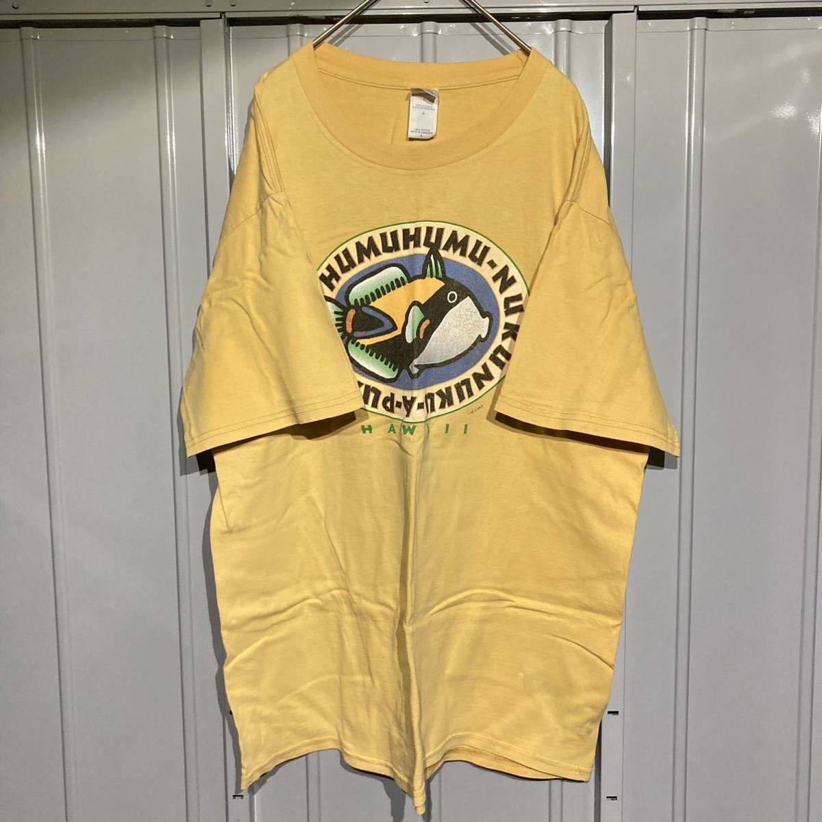 fruit ofthe loom フルーツオブザルーム　90s vintage us古着　アメリカ古着　USA製　プリント　魚　半袖tシャツ　イエロー L １円スタート_画像2