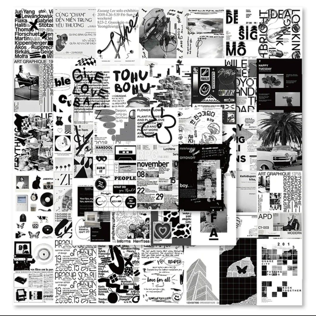 白黒ポスター ステッカー 【60枚】レトロ　モノトーン　写真　グラフィック　アート　英文字　看板　デザイン