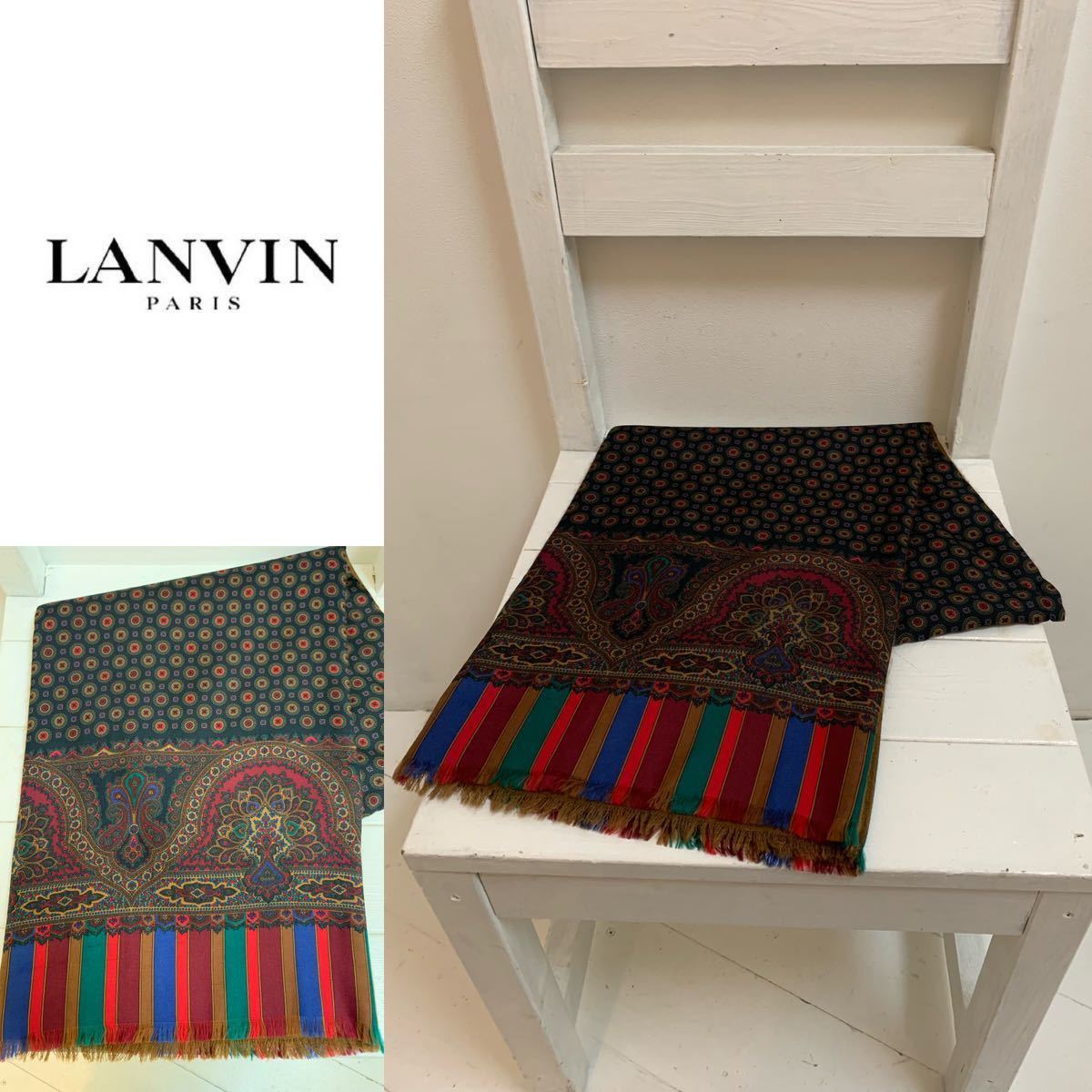 LANVIN PARIS VINTAGE ランバン パリス ヴィンテージ MADE IN FRANCE フランス製 柄 シルクカシミアストール プリントストール アーカイブ_画像2