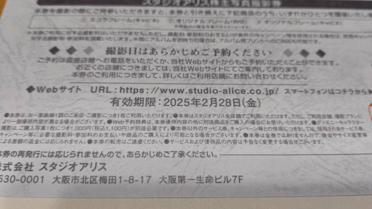 最新★スタジオアリス株主優待券１枚★写真撮影券★２０２５年２月２８日まで★送料当方負担_画像2