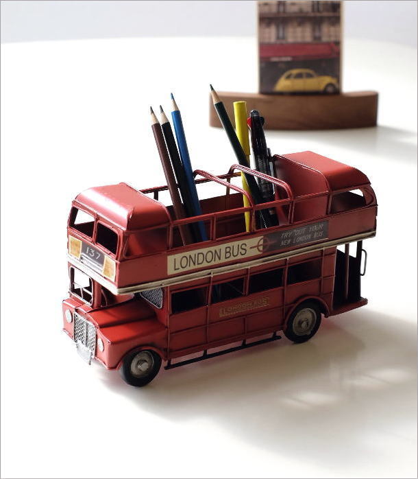 置物 オブジェ クラシックカー ロンドンバス おもちゃ ペンホルダー おしゃれ レトロ American Nostalgia ホルダー付きロンドンバス_画像2
