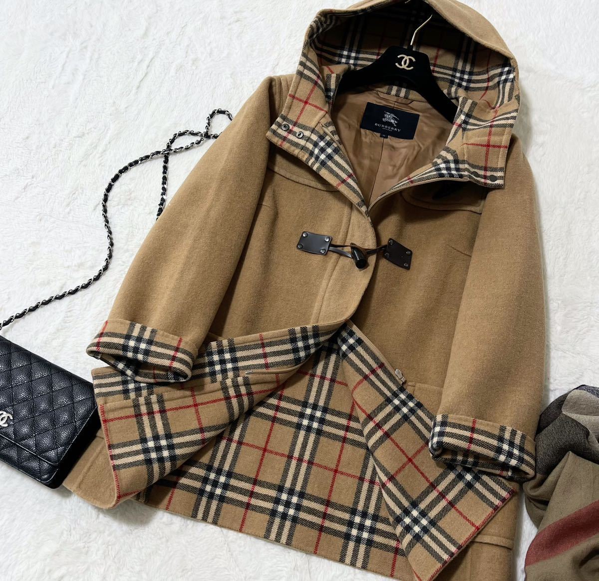 大きいサイズ 美品 バーバリー BURBERRY バーバリーロンドン ダッフルコート ウールコート ノバチェック フード 旅行 キャメル 44 13号_画像1