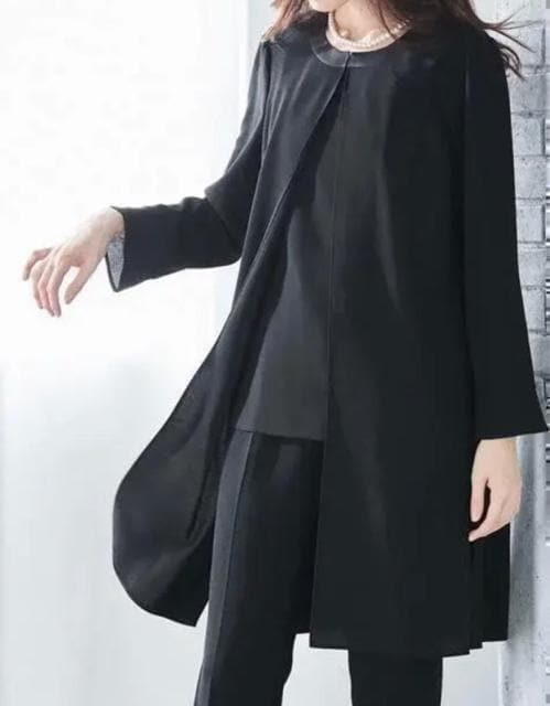 新品☆8L喪服礼服ブラックフォーマル重ね着風セットアップスーツ黒パンツ☆w803