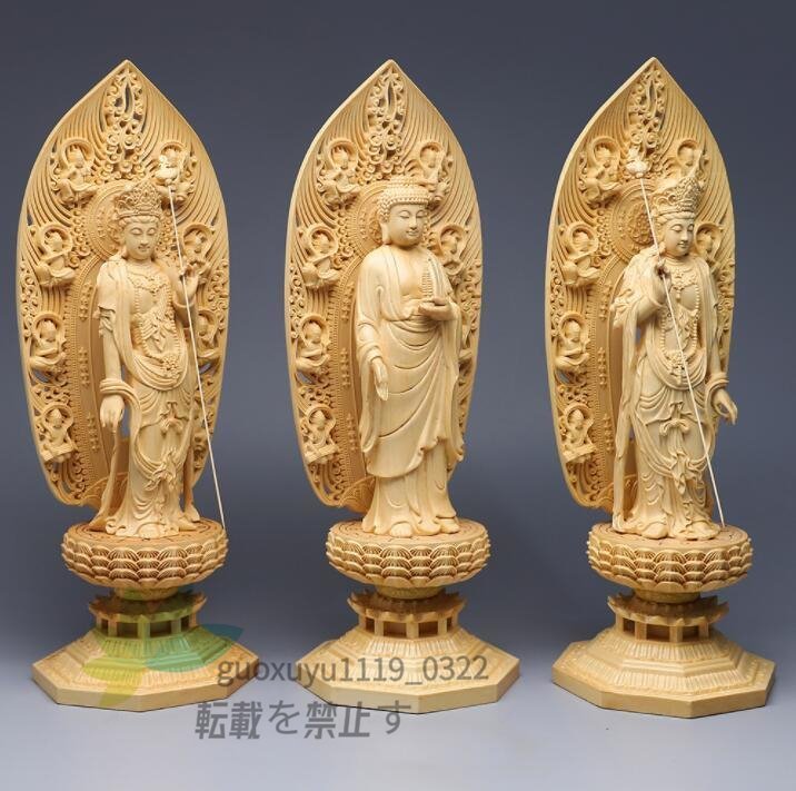 極上品 東方三聖立像 総檜材 仏教美術 精密彫刻 仏像 仏師で仕上げ品　高さ43cm