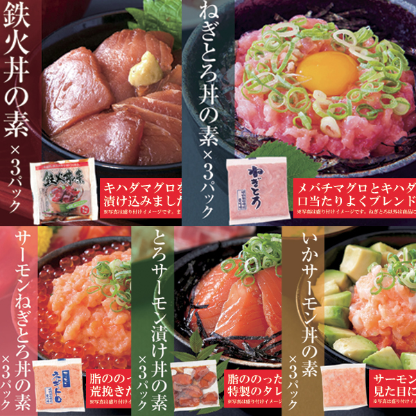 海鮮丼詰合せ計１５食 （マグロ漬け3p＋ネギトロ3P+サーモンネギトロ3p+トロサーモン3p+イカサーモン3P）［A冷凍］_画像1