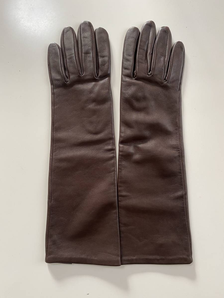 [ beautiful goods ] Barneys New York lady's leather long glove Brown leather gloves size 7 silk lining BARNEYS NEWYORK