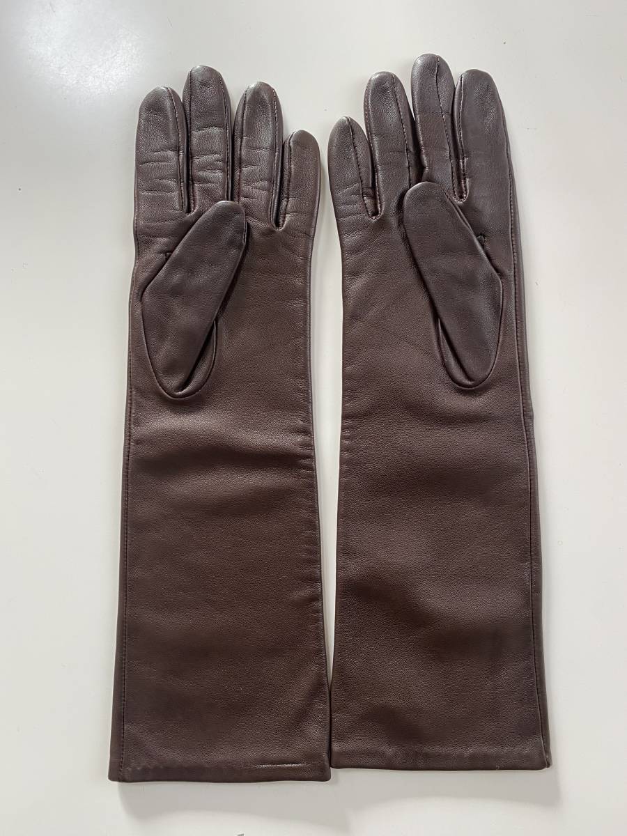 [ beautiful goods ] Barneys New York lady's leather long glove Brown leather gloves size 7 silk lining BARNEYS NEWYORK