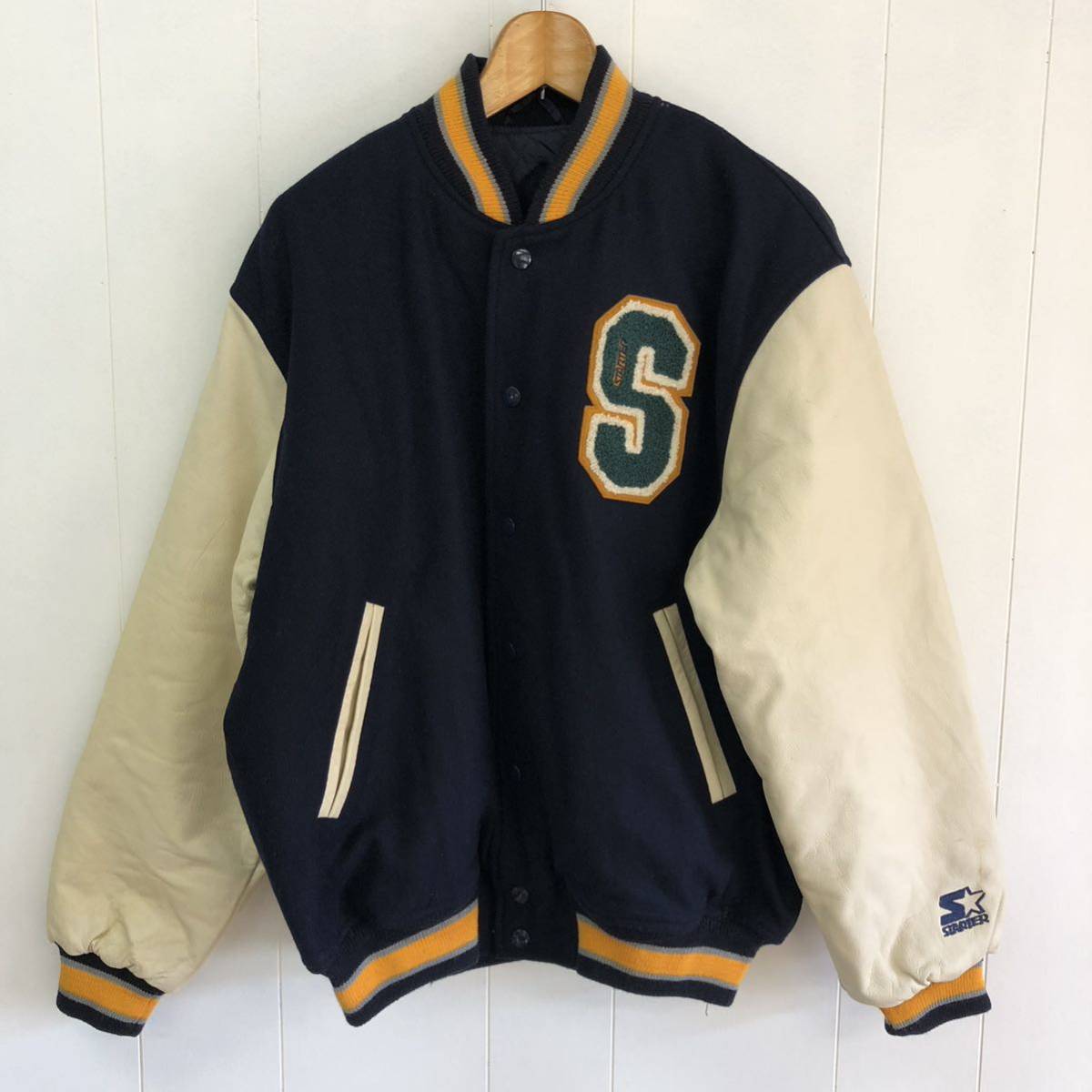 90s STARTER スタジャン ネイビー 袖皮　Mサイズ スタジアムジャンパー virsity jacket deadstock デッドストック　ビンテージ_画像1