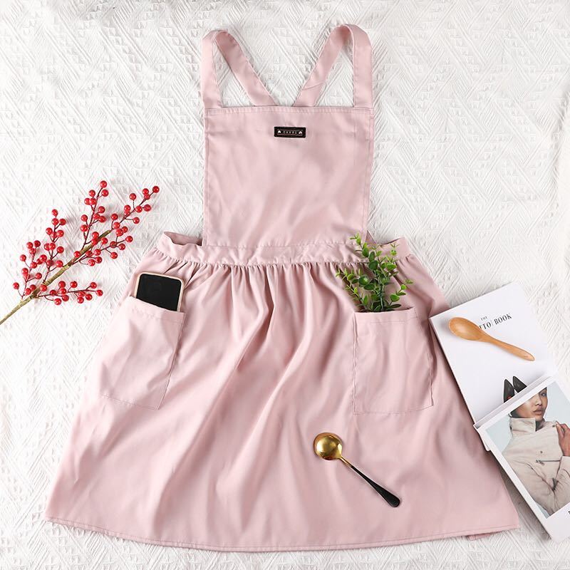  new goods apron lady's kitchen Cafe cooking shop long height stylish Northern Europe manner plain with pocket Insta .. pink water-repellent 