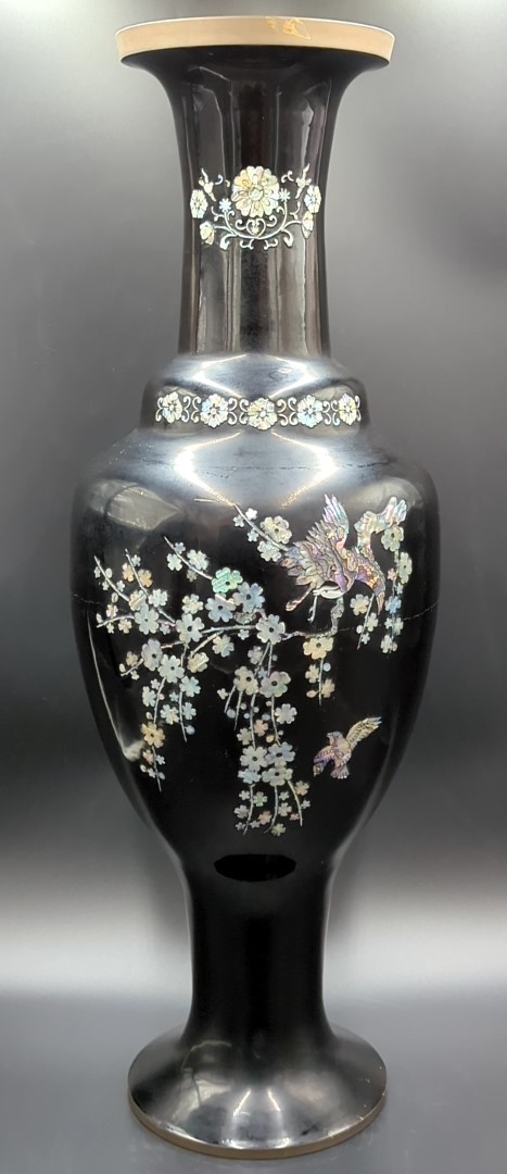 螺鈿象嵌大型飾り壺花瓶華道具茶道具漆塗飾壺高さ68cm 細密螺鈿細工花