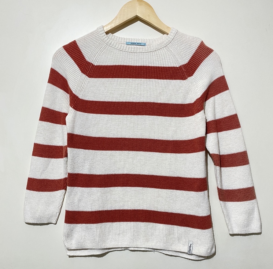 ● ZARA original basics boys collection ボーダー コットン ニット トップス 8 128cm 白 ピンク スリット入り 男女兼用 子ども服_画像1