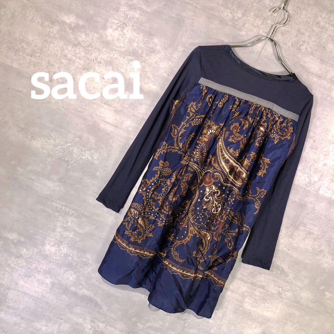 『sacai』サカイ (2) スカーフ切替ワンピース / ネイビー