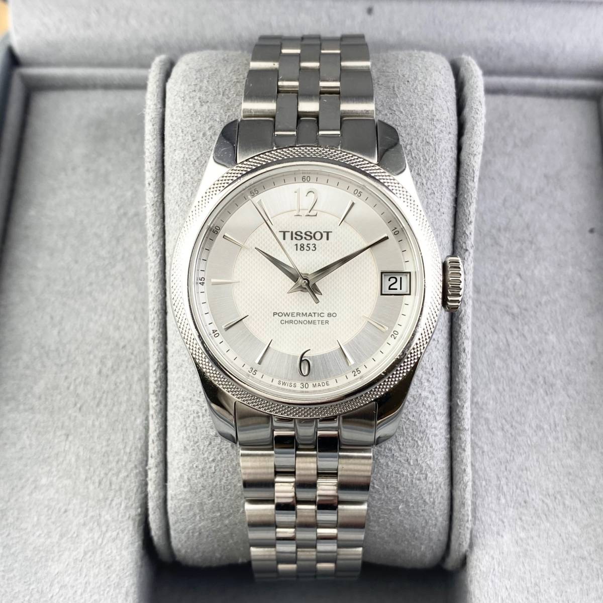 【1円箱付】TISSOT ティソ 腕時計 メンズ AT 自動巻 パワーマティック80 クロノメーター ホワイトシェル文字盤 裏スケ デイト 可動品_画像7