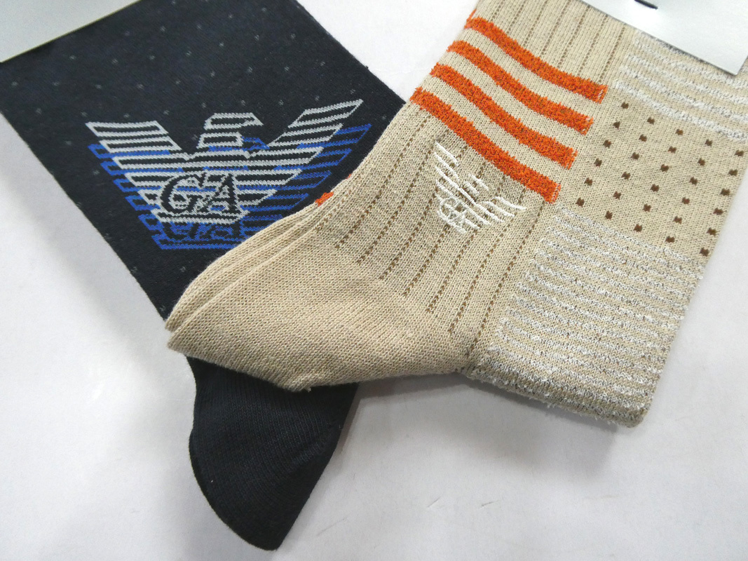  Emporio Armani new goods!2 pairs set Mark attaching socks 25-27cm rank navy / beige made in Japan free shipping 