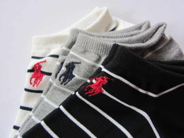 POLO ラルフローレン新品！3足セット マーク刺繍スニーカーソックス 25-27cm黒白灰 送料無料 日本製_画像2