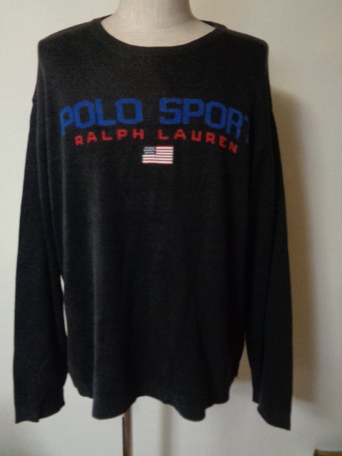 90s POLO SPORT ロゴ コットン ニット セーター XL 黒系 ポロスポーツ RALPH LAUREN ラルフローレン 星条旗 香港製_画像1