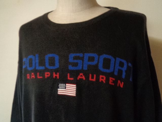 90s POLO SPORT ロゴ コットン ニット セーター XL 黒系 ポロスポーツ RALPH LAUREN ラルフローレン 星条旗 香港製_画像2