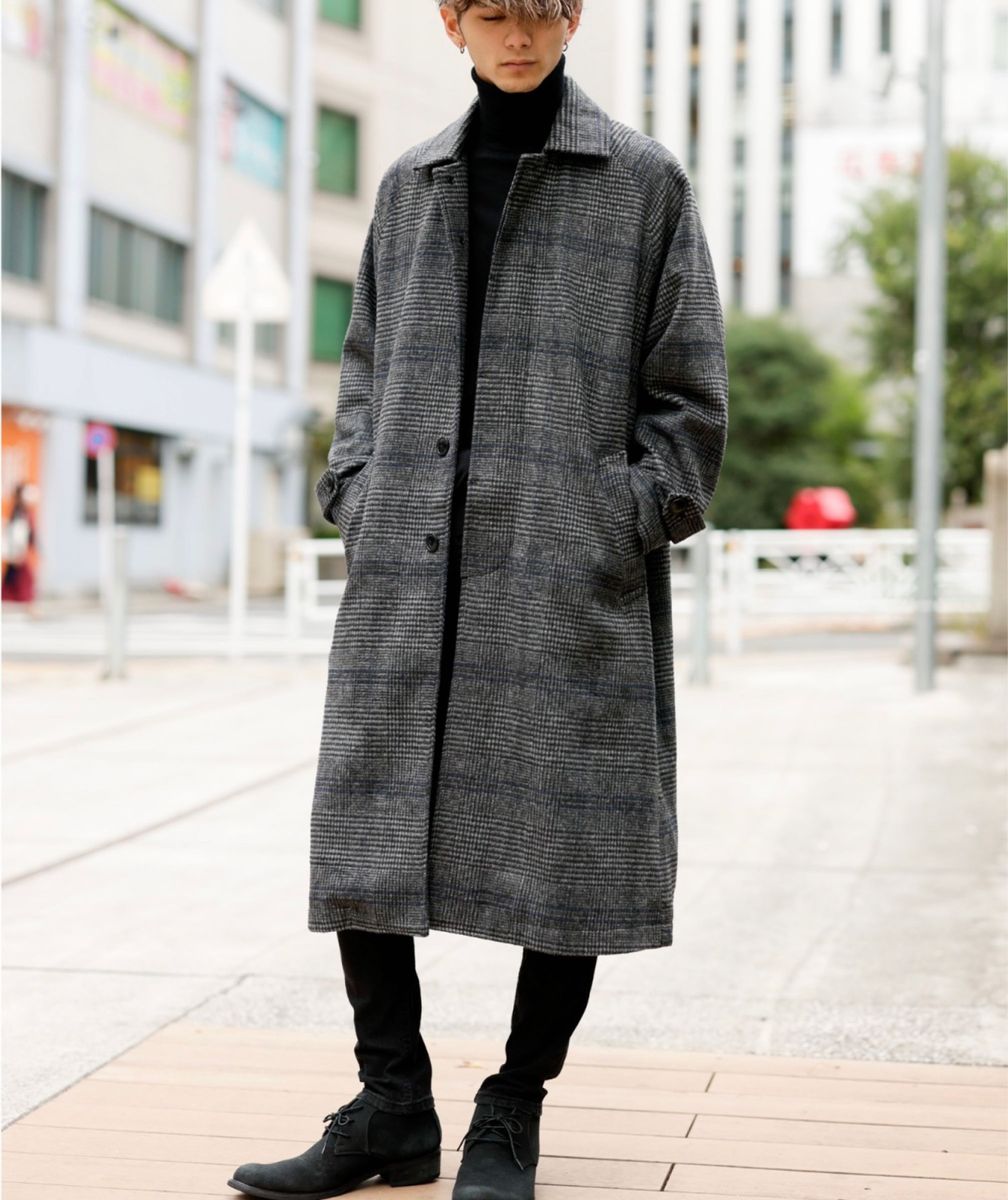 シャギーチェック ／ オーバーサイズ ロング丈 ステンカラー コート