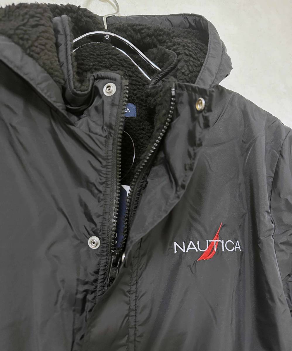 新品 140 ★ コストコ NAUTICA ノーティカ 中綿 ベンチコート ブラック 裏ボア フード ジュニア ボーイズ ガールズ ロング コート ロゴ _画像5