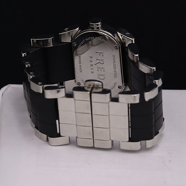 1円 稼動 良品 箱/コマ2付 フレッド QZ 黒文字盤 SS×ラバー レディース腕時計 MTM 3100000_画像4