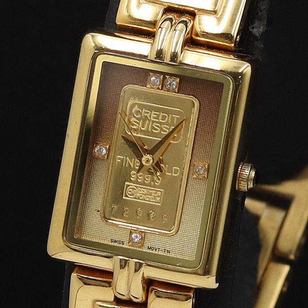 1円 稼働 良品 エルジン QZ FK-558-TN FINE GOLD 999.9 石付 スクエア ゴールド文字盤 レディース腕時計 GMY 9207000YSD_画像1