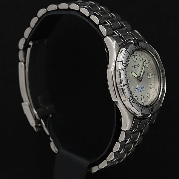 1円 稼働 良品 セイコー QZ 7N35-6000 スキューバ200M デイト ラウンド シルバー文字盤 メンズ腕時計 APR0905000SMD_画像2