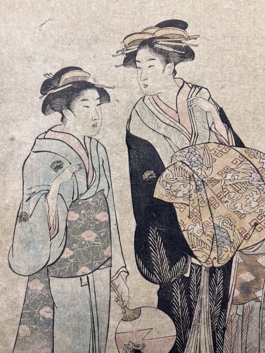 【真作】江戸期 本物浮世絵木版画 鳥居清長「まつばや内 白菊 ふたば しほろ」美人図 大判 錦絵 保存良い_画像4