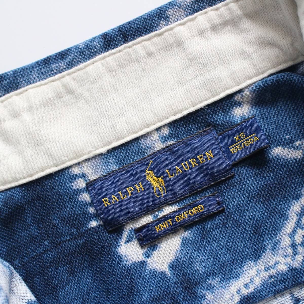 【 RALPH LAUREN ラルフローレン 】KNIT OXFORD コットン ボタンダウン 長袖シャツ XS/155/80A レディース 藍 インディゴ 染め抜き_画像2