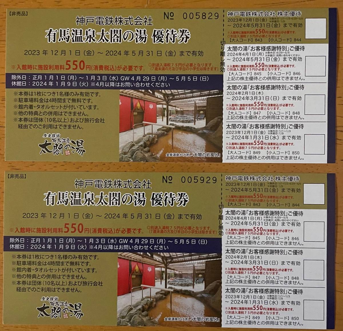 神戸電鉄株主優待乗車証(切符型)4枚と有馬温泉太閤の湯優待券他_画像2