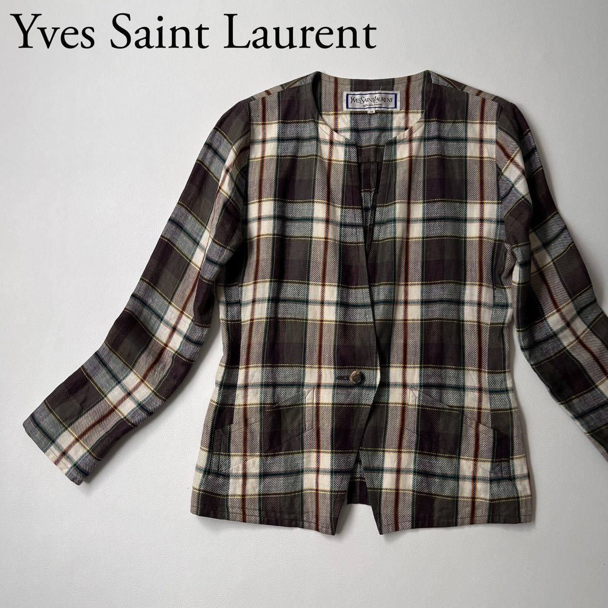 Yves Saint Laurent イヴサンローラン ノーカラージャケット リネン　羽織　薄手　チェック柄 長袖　アウター　トップス レディース