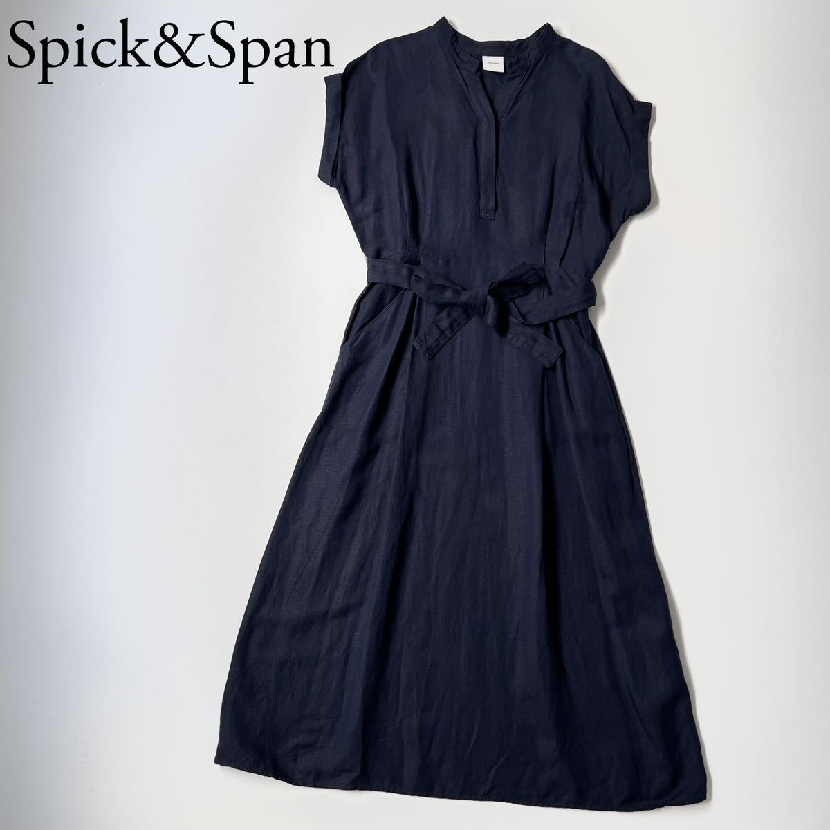 美品 スピックアンドスパン リネン混 フレンチスリーブ ロング丈ワンピース◆紺色 Spick&Span スピックアンドスパン ロングワンピース フレンチ