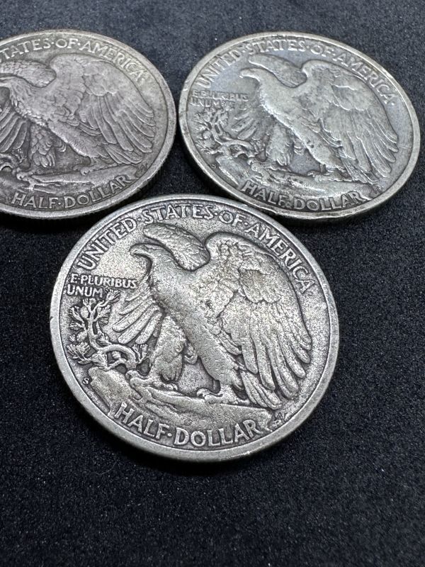 ⑧1944年/1945年/1946年 アメリカ硬貨 50セント銀貨3枚 ウォーキングリバティー 外国コイン HALF DOLLAR 古銭 アンティーク ポンチョ_画像5
