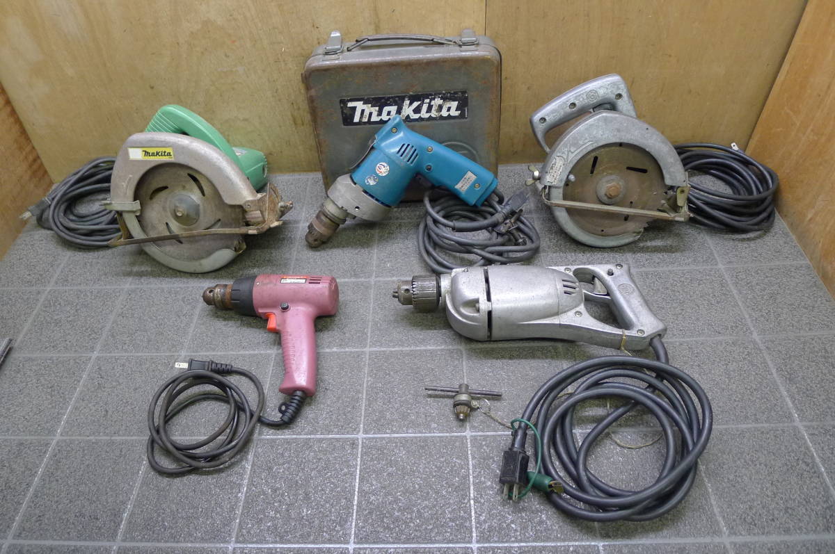 KK013 電動工具 5点 [Makita 7型マルノコ M5800A, 他][日立 電気ドリル NU-DH2, 丸のこ PS6-2], 他 まとめてセット 動確済 難あり有 /140_画像1