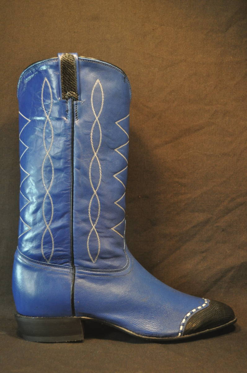  new goods Tony Lama Vintage . work design. reissue western boots blue cow leather lizard Lizard white race nail . decoration 8.5D(11B)