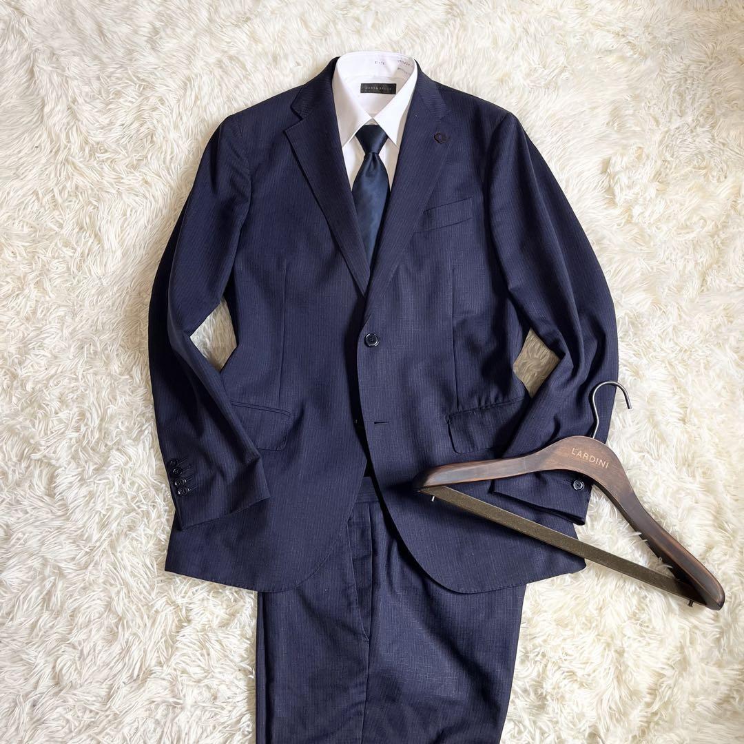 ＜美品＞LARDINI ラルディーニ ネイビー ウール スーツ ブートニエール サイズ48 Lサイズ 結婚式 ビジネス パーティー