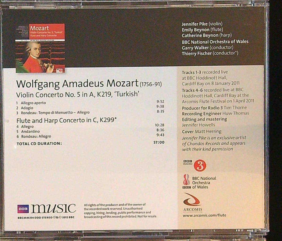 【BBC】モーツァルト　ヴァイオリン協奏曲第5番「トルコ風」・フルートとハープのための協奏曲　BBCウェールズ国立管　　-A5-　CD_画像2